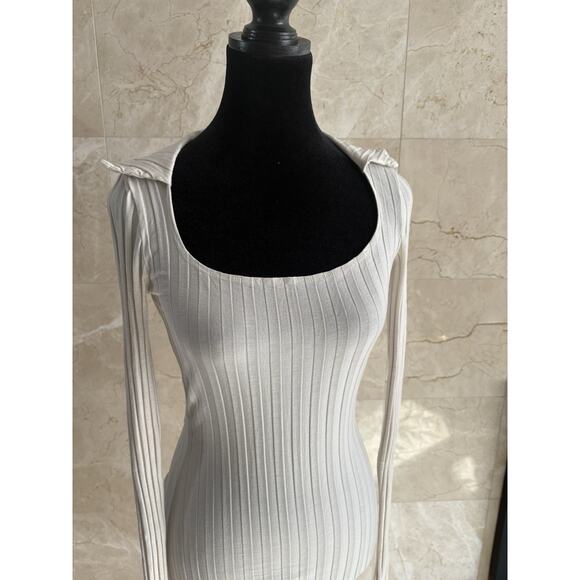 Reformation Vittoria Mini Dress Small Cream Ribbed Bodycon Collared Long Sleeve - Picture 7 of 11
